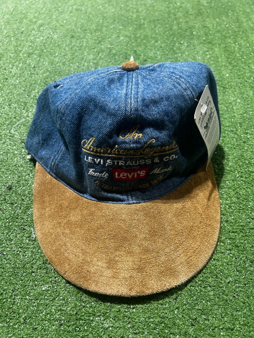 Vintage 90s Levis Hat Blue Denim Brown Suede Leather Bill Strapback Cap NWT